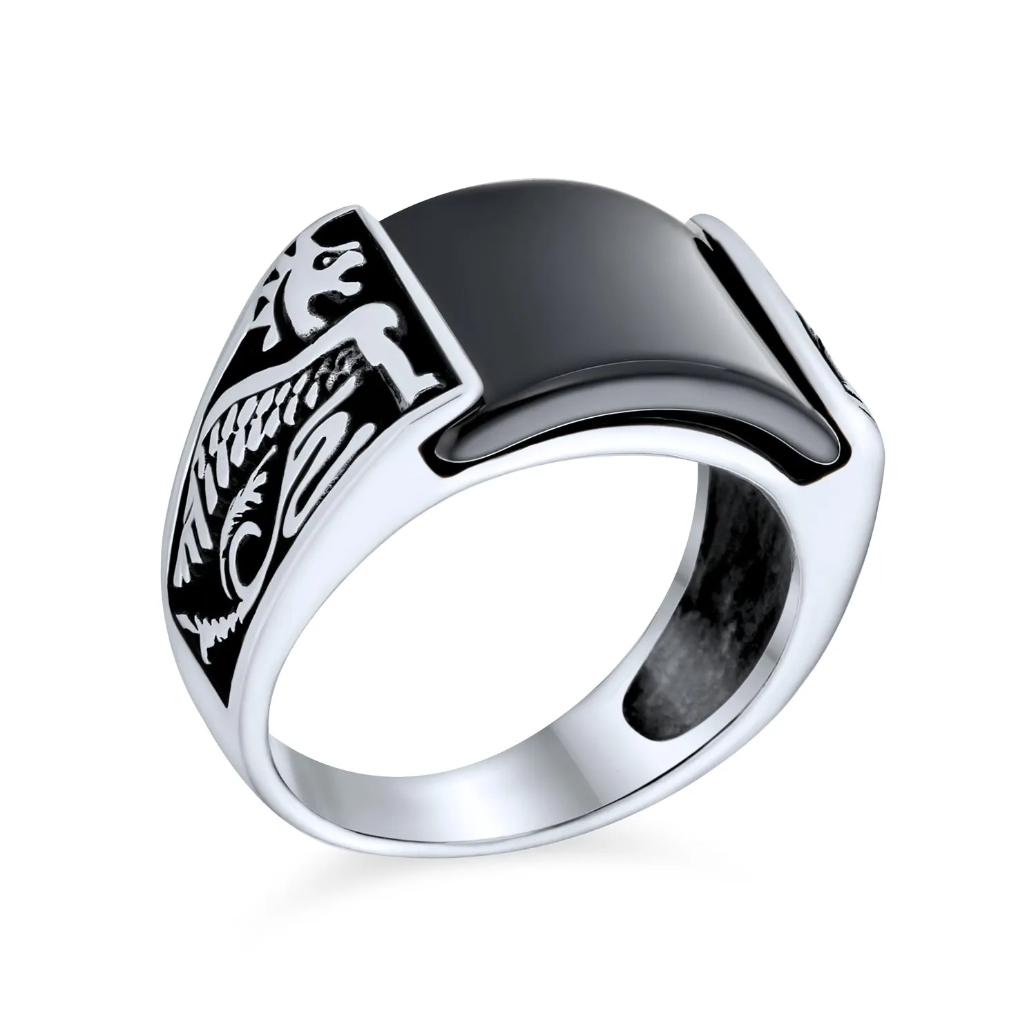 Mens Black Onyx Flying Dragon Signet Ring Oxidized .925 Sterling Silver