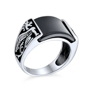 Mens Black Onyx Flying Dragon Signet Ring Oxidized .925 Sterling Silver