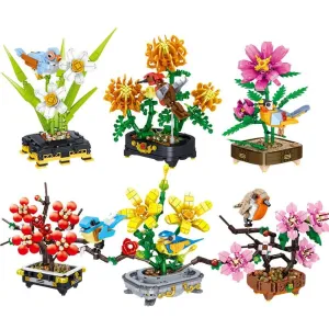 MOC NON  Mini Building Blocks Flower Peach Blossom Peony Flower Plum Bird Potted 3D Model Ornaments &#39;s Educational Toys Girl