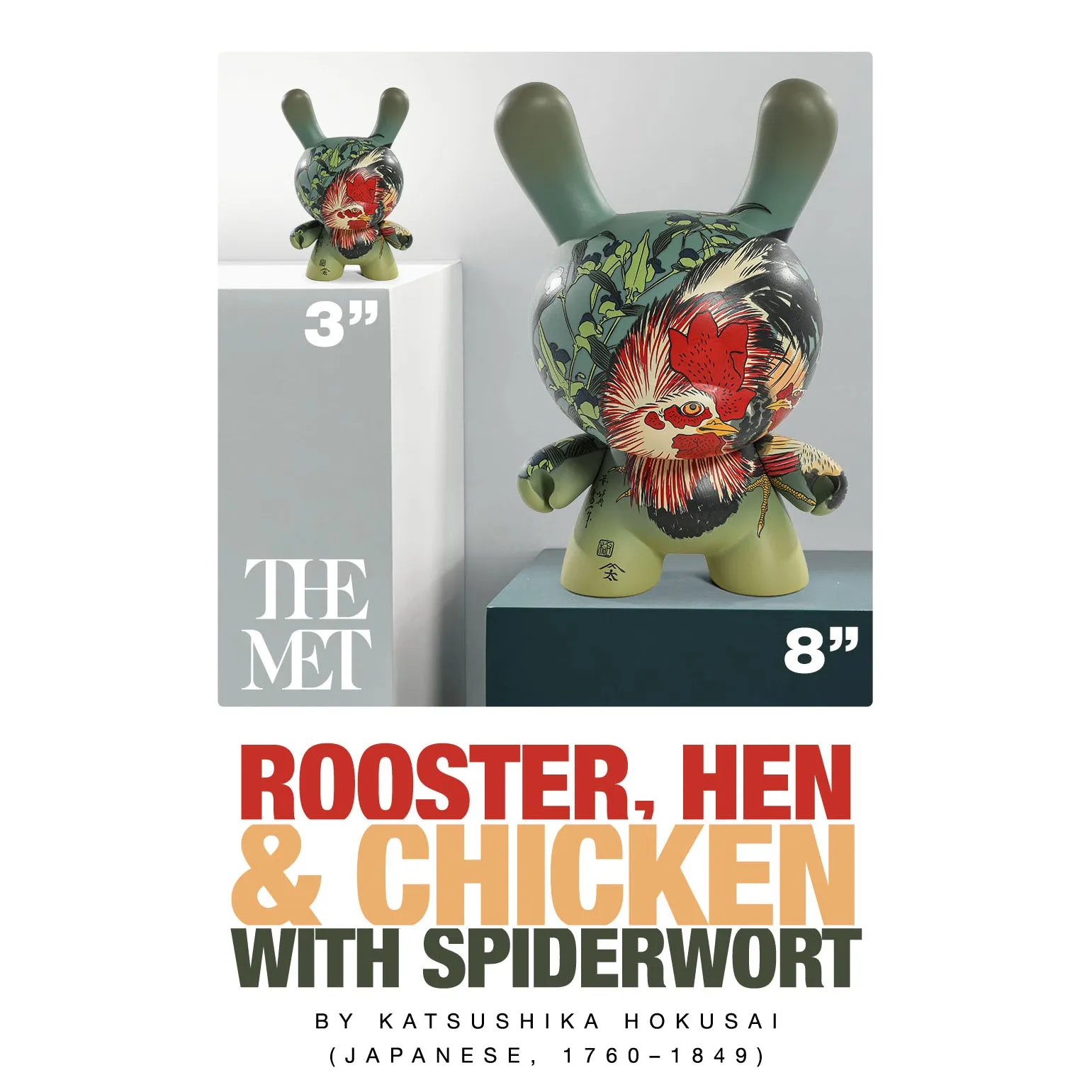 The Met 3" Showpiece Vinyl Art Dunny - Rooster, Hen and Chicken with Spiderwort by Katsushika Hokusai (PRE-ORDER)